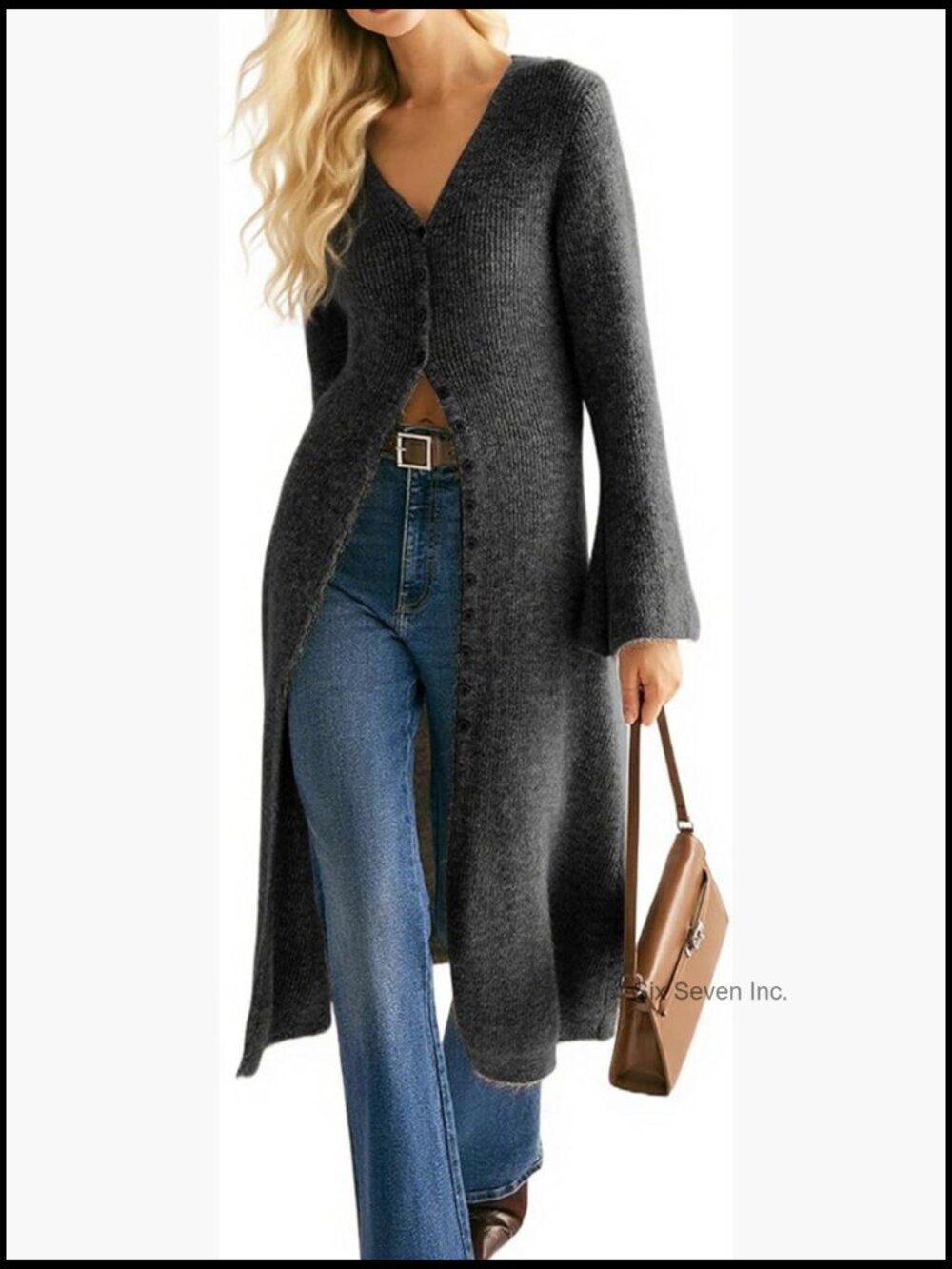 Long Cardigan Sweater Button Down Bell Sleeve Open Front Ribbed Knit Midi Dress